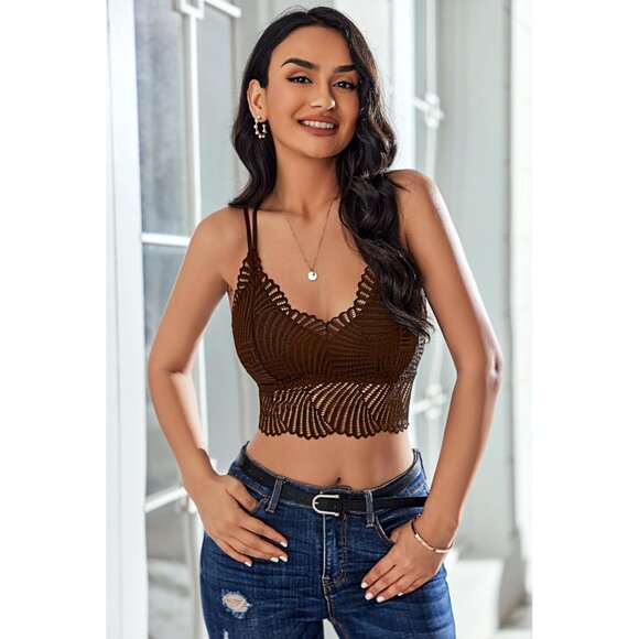 Women's Dark Coffee Lace Camisoles Double-layered V-neck Sexy Bralettes Crop Top - Picture 3 of 5